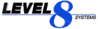 a logo for level 8 systems with a blue ribbon in the middle