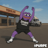 a cartoon character is wearing a shirt that says purpe famous