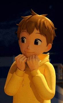 a cartoon boy wearing a yellow hoodie looks at the camera