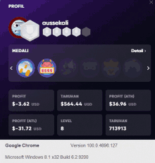 a screenshot of a profile page for aussekali with a purple background