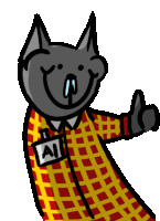 a cartoon cat wearing a plaid shirt and a name tag that says ai gives a thumbs up