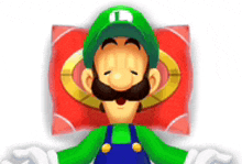 a cartoon of luigi laying on a red pillow with his eyes closed .