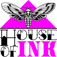 a logo for house of ink with a moth on top