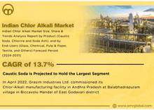 an advertisement for indian chlor alkali market shows a large factory