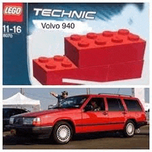 a picture of a red volvo 940 made out of lego bricks next to a picture of a red car .