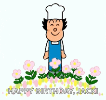 a cartoon character wearing a chef 's hat and apron is standing in a field of flowers .