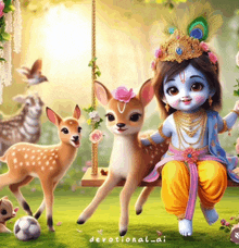 a painting of a baby krishna sitting on a swing with deer