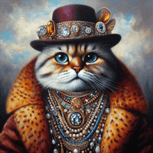 a painting of a cat wearing a top hat and a fur coat