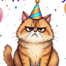 a cat wearing a party hat is sitting in front of a birthday cake with candles