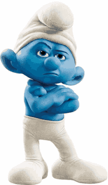 a smurf with his arms crossed is wearing a white hat and underwear