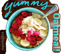 a bowl of oatmeal with raspberries and bananas on a sign that says " yummy oatmeal "