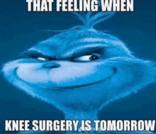 a picture of a grinch with a caption that says that feeling when knee surgery is tomorrow