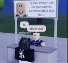 a girl is standing in front of a sign that says by your avatar i can see your parents current relationship ship status