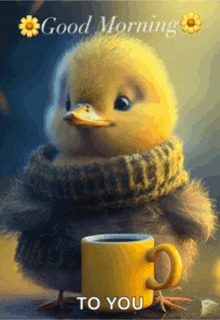 a duck with a scarf around its neck is holding a yellow cup of coffee ..