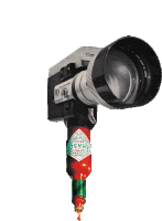 a camera with a tabasco bottle attached to the lens