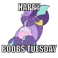 a pixel art of a purple dragon holding a cup of whipped cream and the words happy boobs tuesday