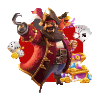 a cartoon of a pirate holding a hook and playing cards