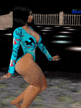 a computer generated image of a woman wearing a blue bodysuit with a shark on it