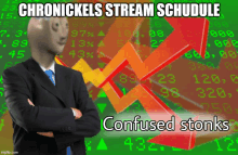 a man in a suit and tie is standing in front of a stock chart that says chronicles stream schedule confused stonks