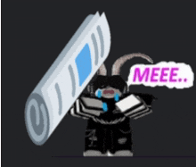 a cartoon character is crying and holding a roll of paper that says meee on it