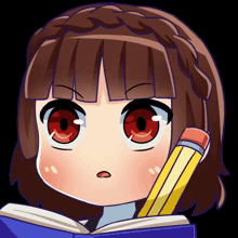 a girl with red eyes is holding a pencil in her hand