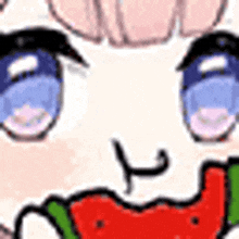 a close up of a cartoon girl eating a watermelon .