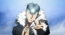 a drawing of a man with a fur coat pointing his finger