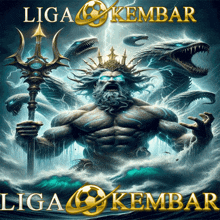 a painting of a man with a trident and the words liga kembar on the bottom