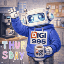 a robot wearing a digi 995 sweater holds a mug of coffee