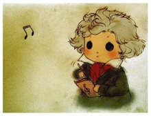 a drawing of beethoven holding a pen and a notebook .