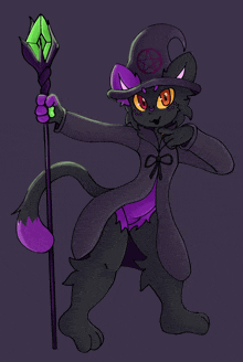 a drawing of a black cat in a witch costume holding a wand