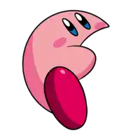 a pink cartoon character with a red tongue