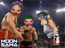 a group of wrestlers are standing in a ring with moon sama written on the bottom