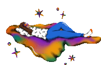 a cartoon drawing of a person laying on a rainbow colored surface