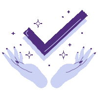 a pair of hands holding a purple check mark with stars around it