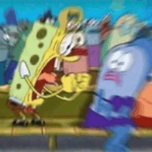 a cartoon of spongebob and patrick fighting each other on a bench .