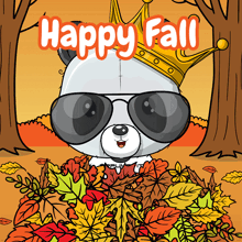 a panda bear wearing sunglasses and a crown is in a pile of leaves with the words happy fall above him