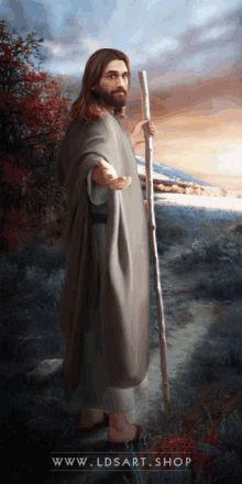 a painting of jesus holding a cane with the website www.ldsart.shop below him