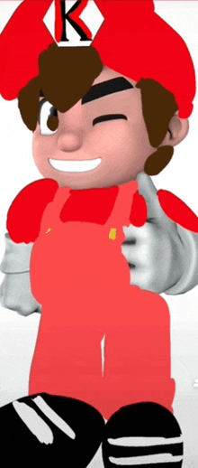 a cartoon character is wearing a red hat with a k on it