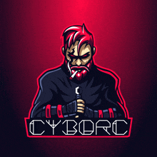 a cyborg logo with a red background