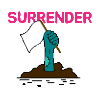 a cartoon drawing of a hand holding a flag with the word surrender written above it