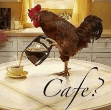 a rooster is standing on a coffee pot pouring coffee into a cup .