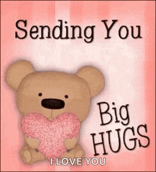 a teddy bear is holding a pink heart on a pink background .