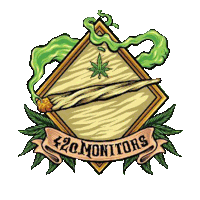 a logo for 420 monitors with a marijuana leaf and smoke coming out of it