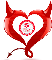 a red heart with devil horns and a tail that says flux army on it