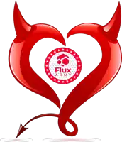 a red heart with devil horns and a tail that says flux army on it