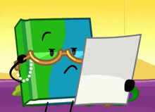 a cartoon character holding a piece of paper next to a book with a sad face