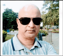 a bald man wearing sunglasses and a polo shirt takes a selfie