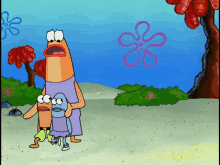 a cartoon scene with a spongebob character and a pink flower