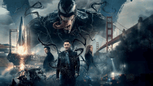 a movie poster for venom shows a group of people standing in front of a giant monster